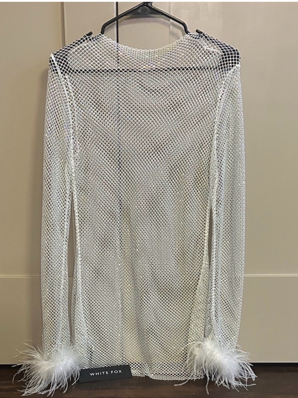 White Fox White Mesh Feather Cuff Long Sleeve Top